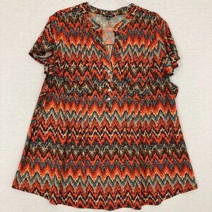 Ava & Grace Red Multi Color Chevron Stretch Short Sleeve Popover Blouse 3X